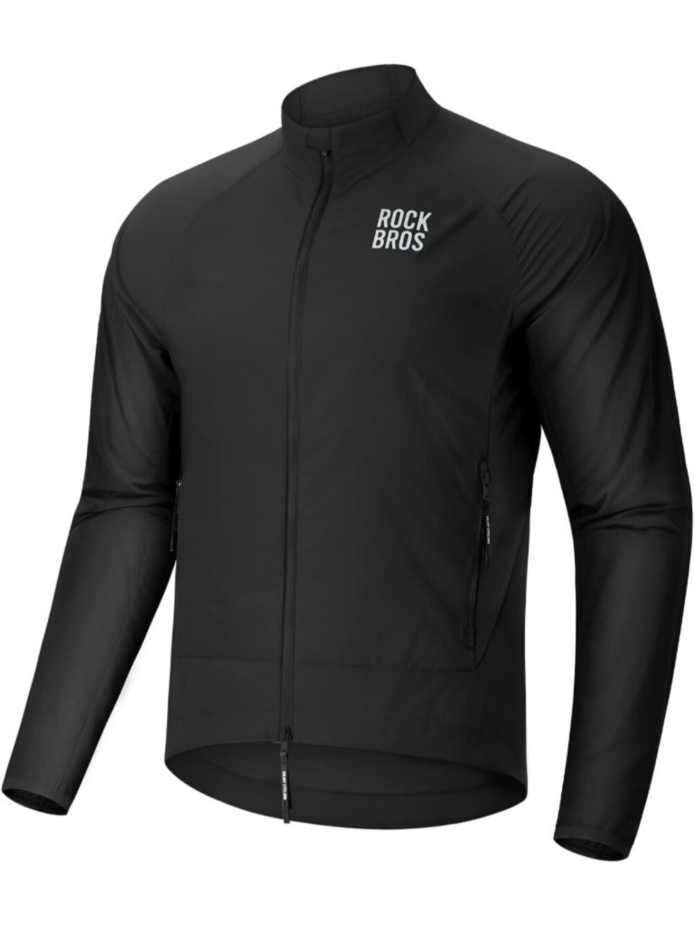 Men Black Windbreaker Band Collar Multiple Pockets Zip-up Long Sleeve Jacket
